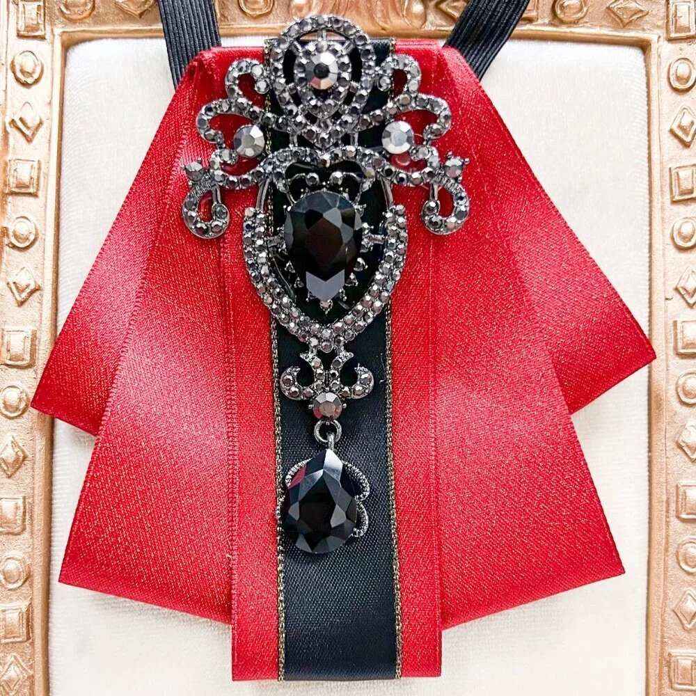 Red crystal bowtie, Kid's Necktie, Black Crystal Brooch, Kids Size, 2 in 1